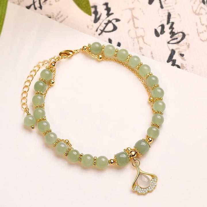 Braccialetto di perline con carattere Fu , Buddha Stones di giada, foglia di ginkgo, tulipano, arachidi e fortuna - Foglia di Ginkgo e Giada - image 9