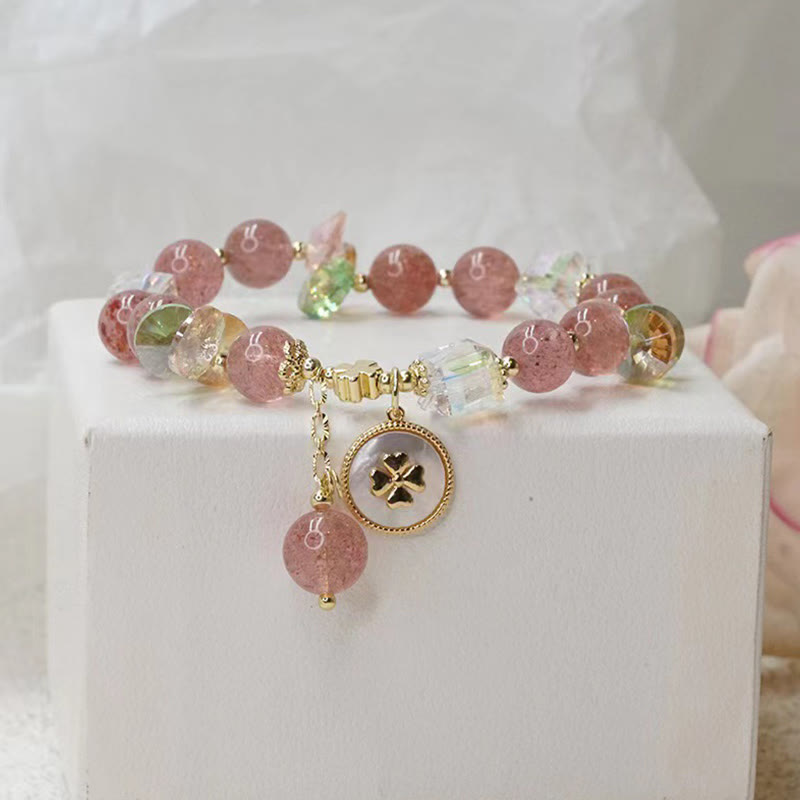 Braccialetto portafortuna con ciondolo curativo a forma di quadrifoglio fortunato in quarzo fragola Buddha Stones