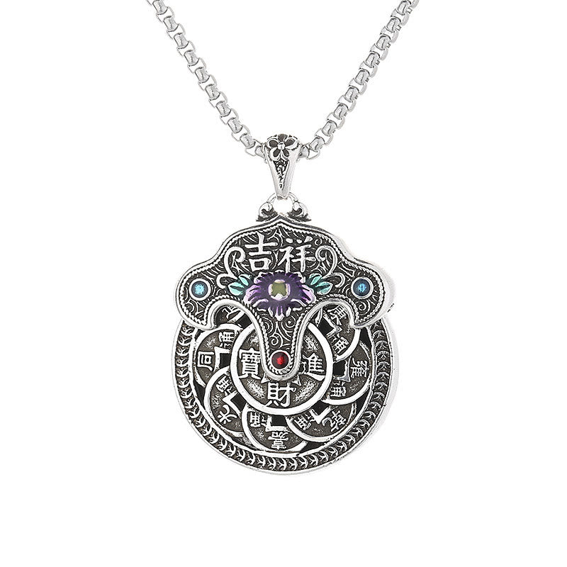 Buddha Stones , fiore di peonia, monete di rame, collana con ciondolo della ricchezza