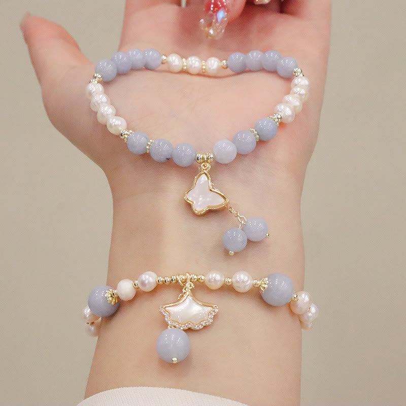 Braccialetto con ciondolo a forma di farfalla con foglia di ginkgo e perle di acquamarina naturale Buddha Stones