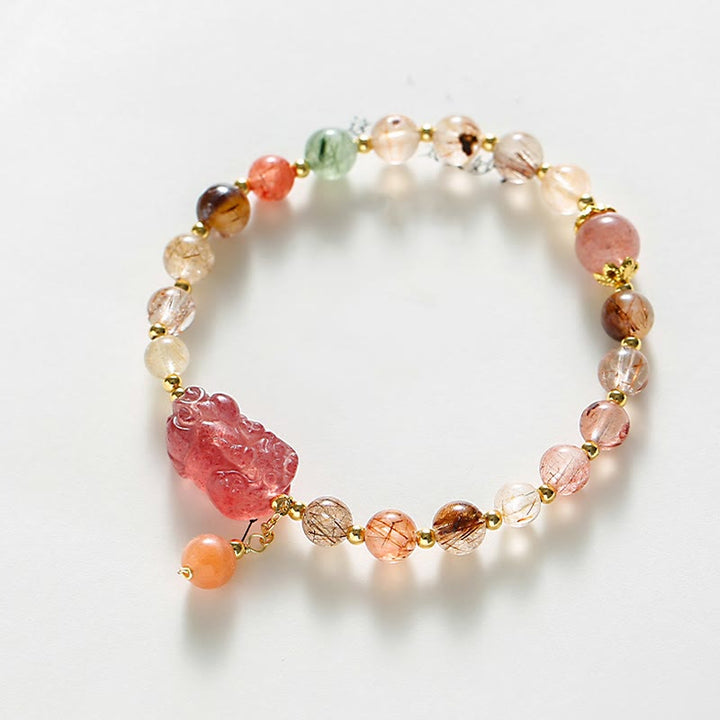 Braccialetto Buddha Stones Natural Rutilato Quarzo Fragola PiXiu Wealth
