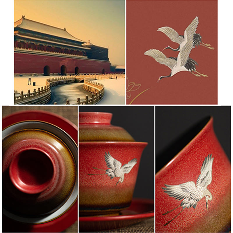 Buddha Stones Red Gru di buon auspicio Ceramica Gaiwan Sancai Tazza da tè Kung Fu Tazza da tè e piattino con coperchio