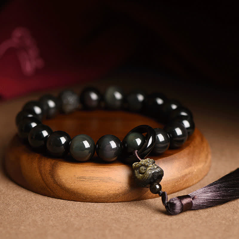Buddha Stones Ossidiana nera naturale Leone Mala da polso Protezione Nappe Mala tascabile Decorazione per auto