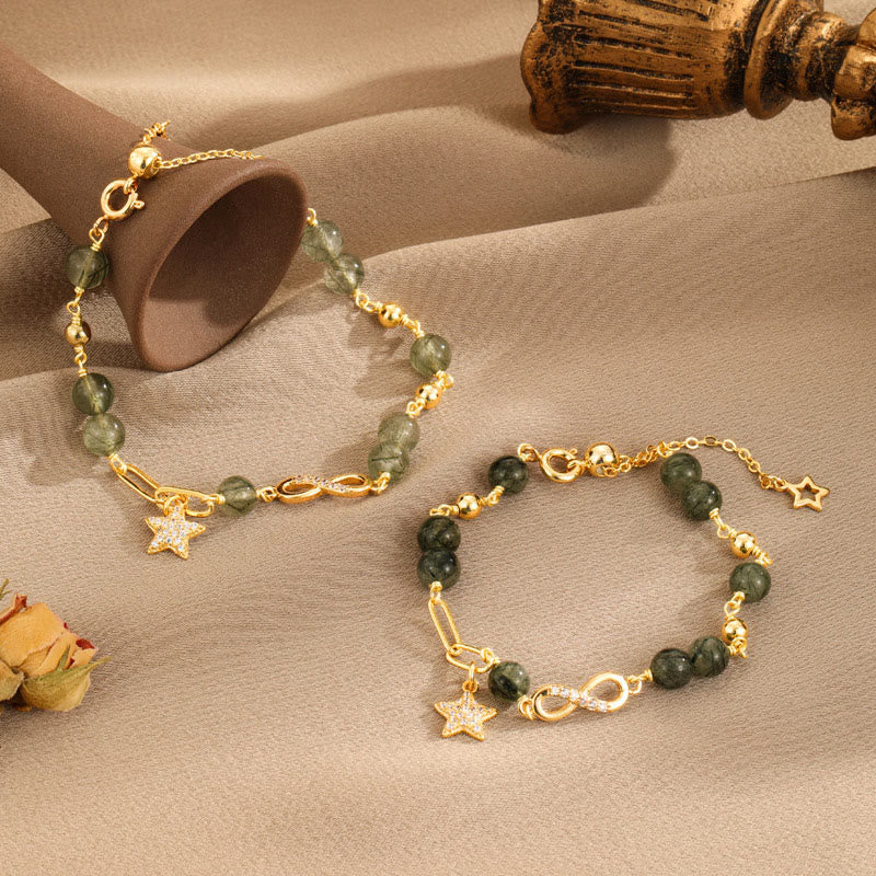 Bracciale Buddha Stones in rame placcato oro 14k con quarzo rutilato verde e anello Möbius, protezione della stella dell'amore eterno - image 1