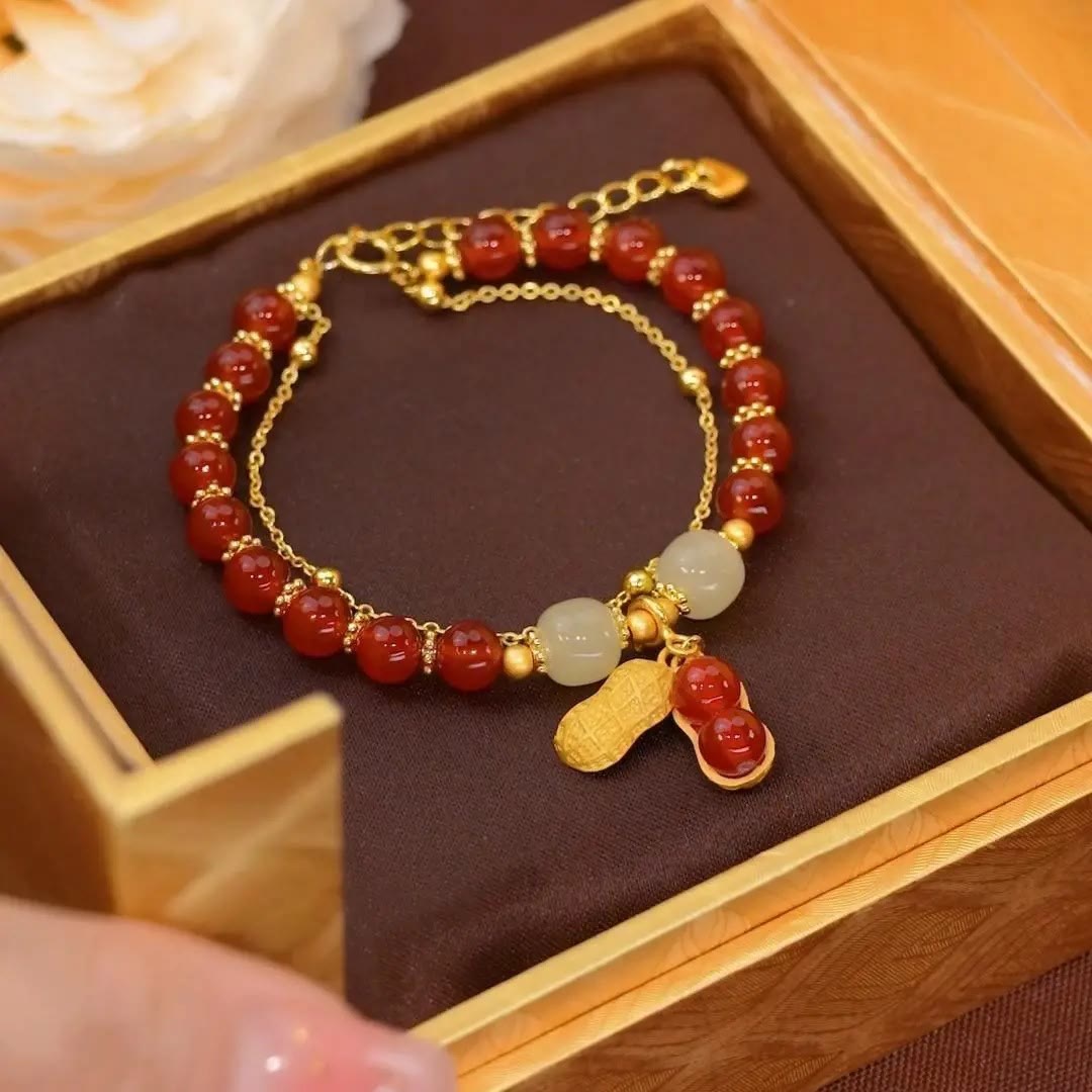 Braccialetto di perline con carattere Fu , Buddha Stones di giada, foglia di ginkgo, tulipano, arachidi e fortuna - Perline rosse e arachidi - image 19