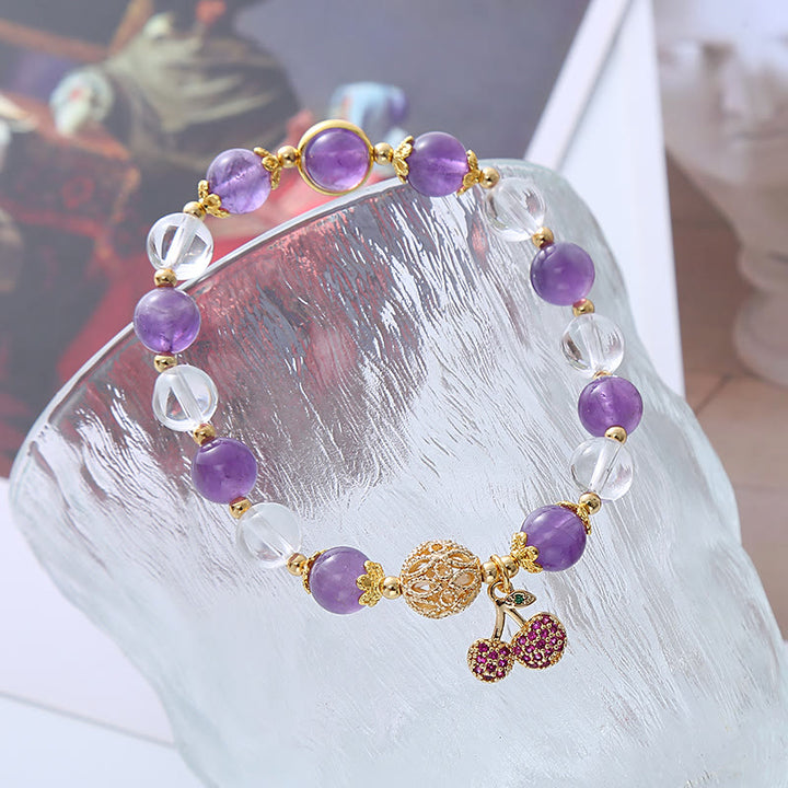 Braccialetto con ciondolo a forma di ciliegia positiva in cristallo bianco ametista naturale Buddha Stones