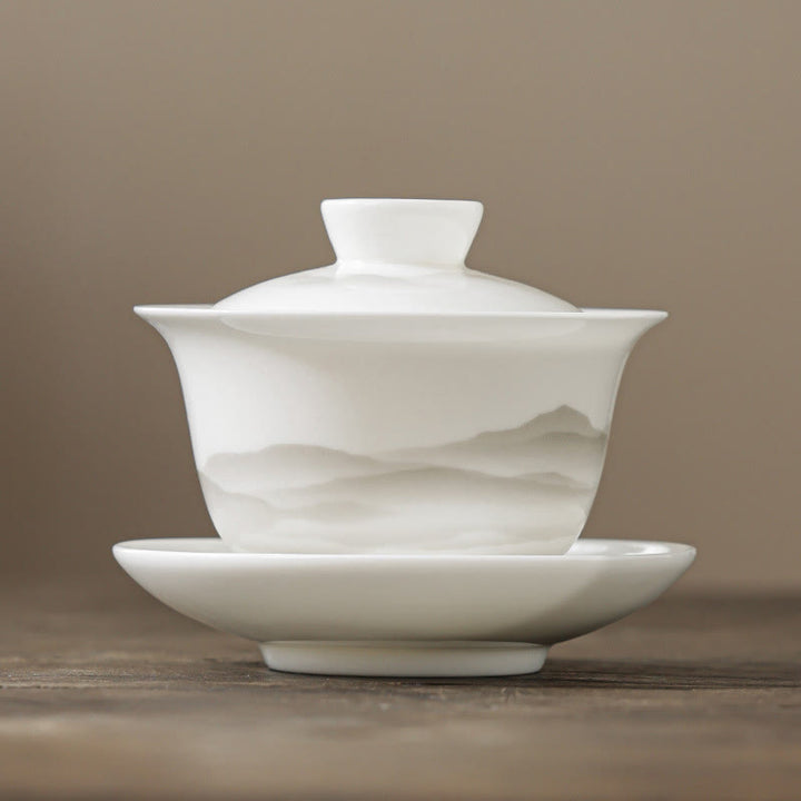 Buddha Stones Vintage Ink Painting Mountain White Porcelain Ceramic Gaiwan Sancai Tazza da tè Kung Fu Tazza da tè e piattino con coperchio Utensile da tè Teiera - Tazza 10,3 cm * 8,3 cm * 175 ml - image 0