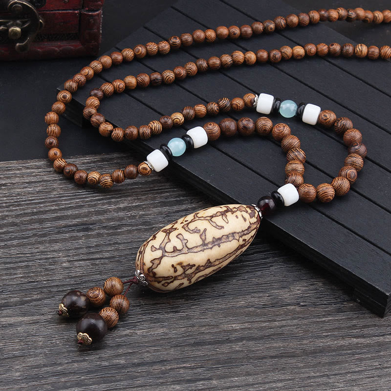 Buddha Stones Tibetano Legno Wenge Bodhi Seme Agata Equilibrio Pace Collana Pendente