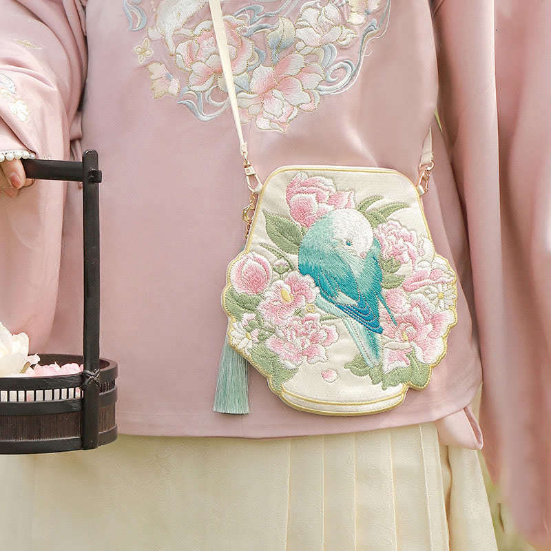 Buddha Stones Fortuna Ricamo Loto Koi Pesce Coniglio Fiore Borsa Hanfu Borsa a Tracolla Borsa a Tracolla - Fiori di uccelli primaverili - image 17