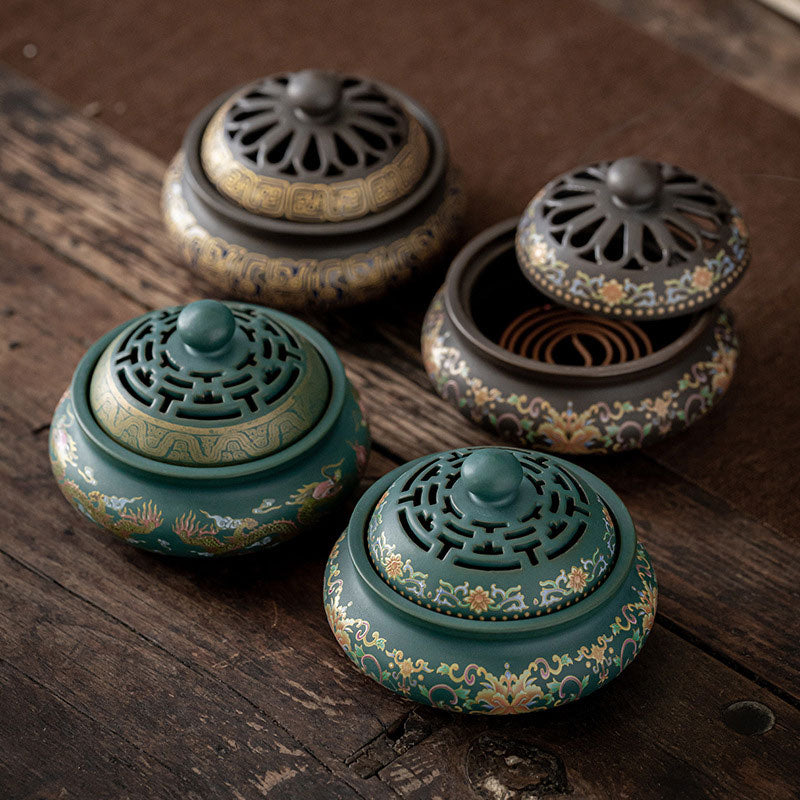 Bruciatore di incenso per meditazione in ceramica con motivo floreale a drago e fontana di fumo a riflusso