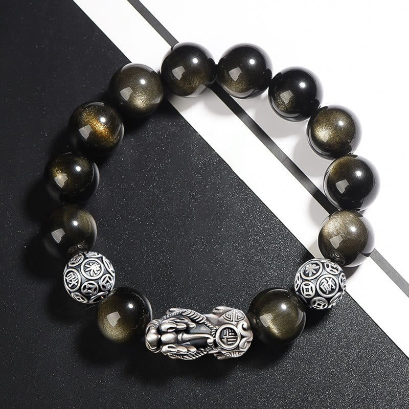 Braccialetto di protezione della ricchezza PiXiu in ossidiana naturale lucidata in argento sterling 925 Buddha Stones - image 4