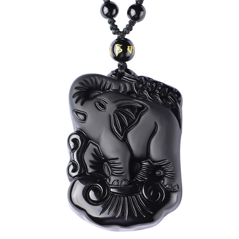 Collana con ciondolo portachiavi in corda di protezione per elefante in ossidiana nera
