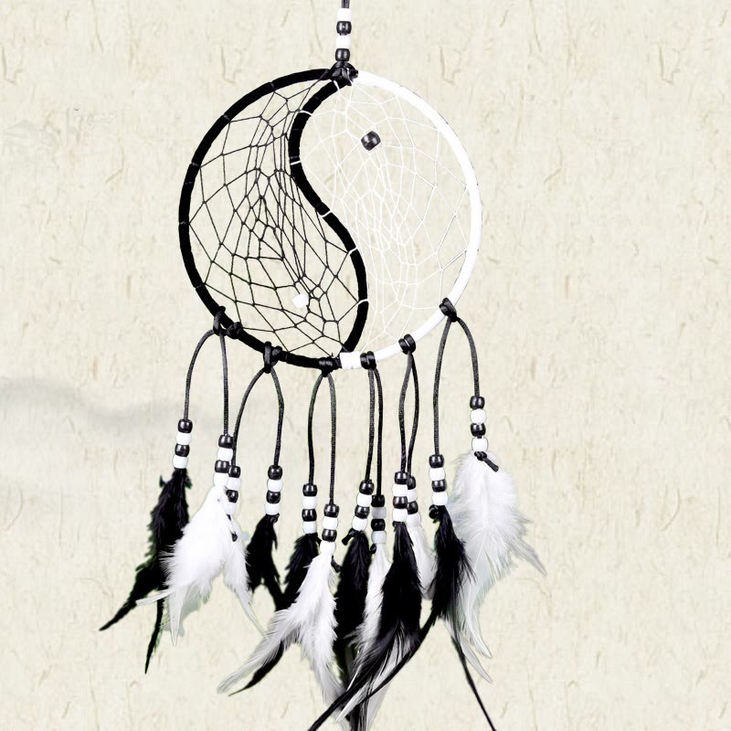 Acchiappasogni Yin Yang Rete circolare con piume Decorazione di equilibrio - image 19