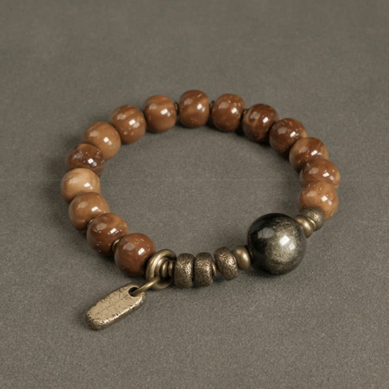 Braccialetto per la fortuna, in ottone, rame e ossidiana , Buddha Stones , semi di Kuka, occhio di tigre e oro lucido - Ossidiana Kuka Seed&Gold Sheen - 17-17,5 cm - image 6