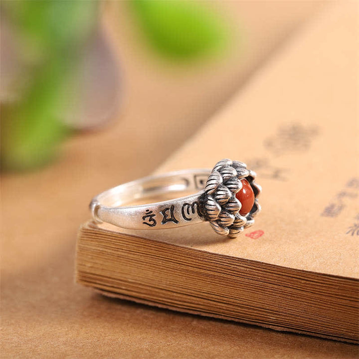 Buddha Stones925 Sterling Silver Lotus Red Agate Anello di Benedizione della Fiducia - image 6