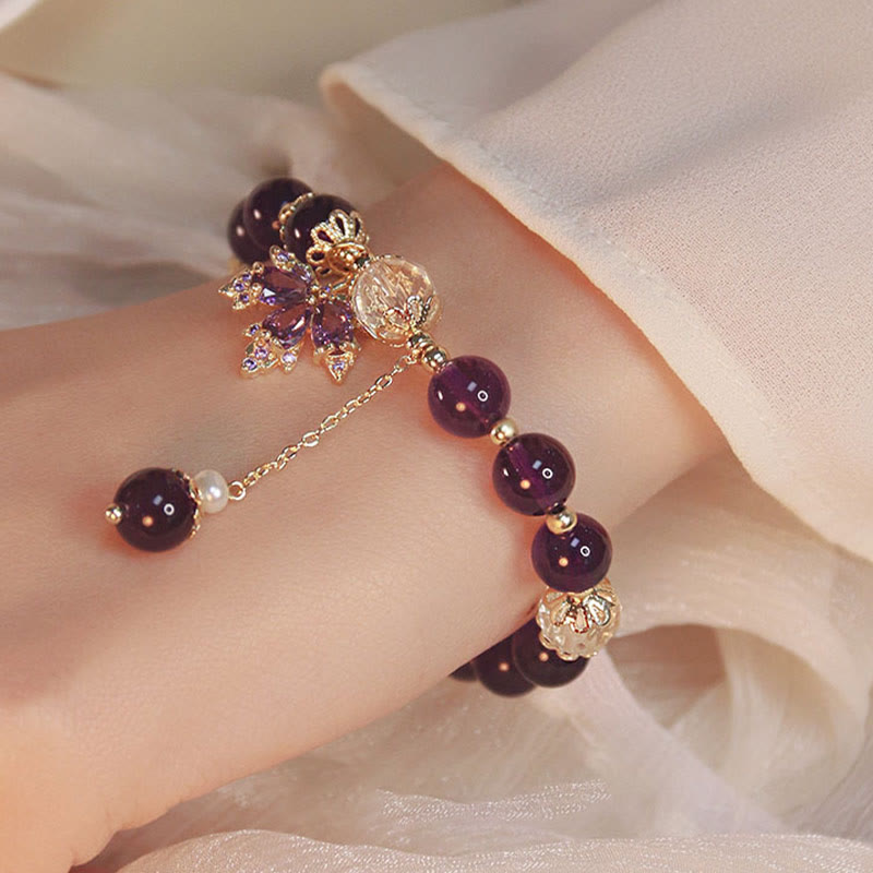 Bracciale con ciondolo a forma di foglia d'acero con ametista naturale placcato oro 14k Buddha Stones