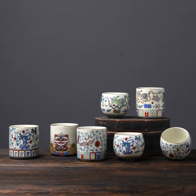 Buddha Stones Vintage Prugna Fiore Pino Bambù Fenice Kirin Leone Danzante Tazza da Tè in Ceramica Tazze da Tè