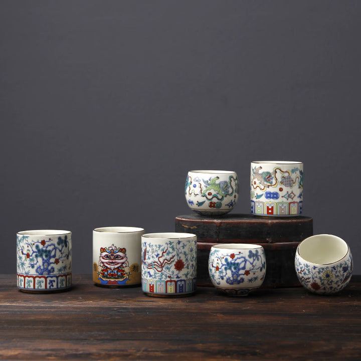 Buddha Stones Vintage Prugna Fiore Pino Bambù Fenice Kirin Leone Danzante Tazza da Tè in Ceramica Tazze da Tè