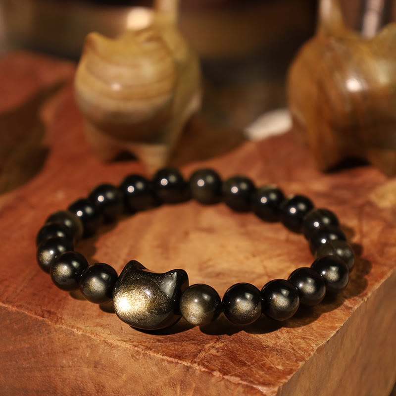 Braccialetto di protezione con gatto portafortuna e zampa adorabile , Buddha Stones, ossidiana lucida d'oro, ossidiana lucida d'argento - image 4