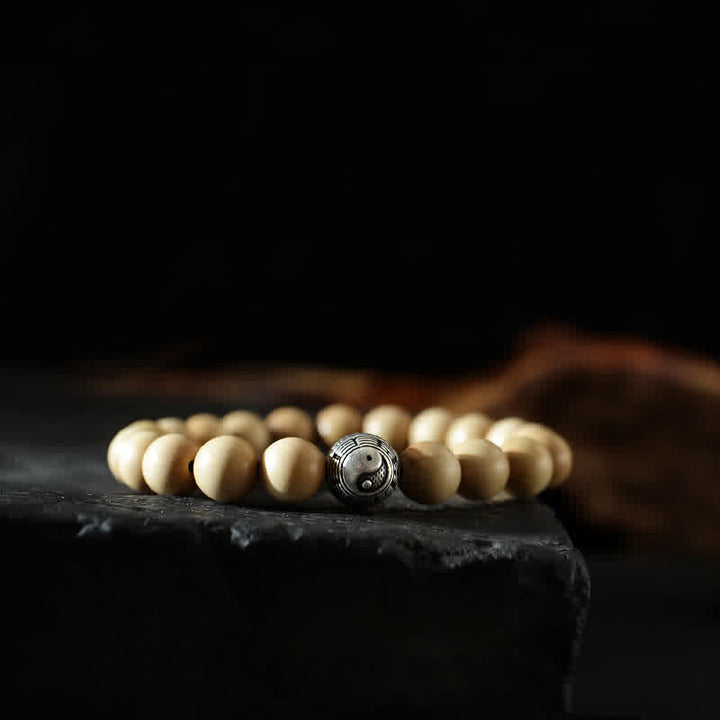 Bracciale di ricchezza e fortuna di legno di pesca del Tibet, loto, cinabro, Bagua Yin Yang