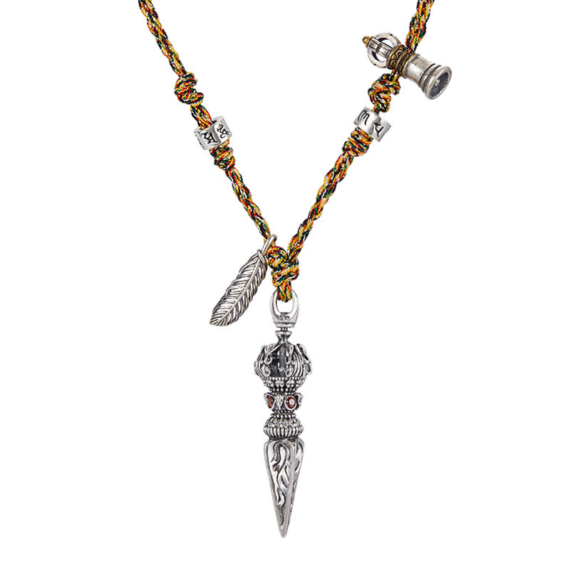 Buddha Stones Tibetano Fatto a Mano 925 Sterling Silver Dorje Vajra Om Mani Padme Hum Piuma Forza Collana Pendente - image 8