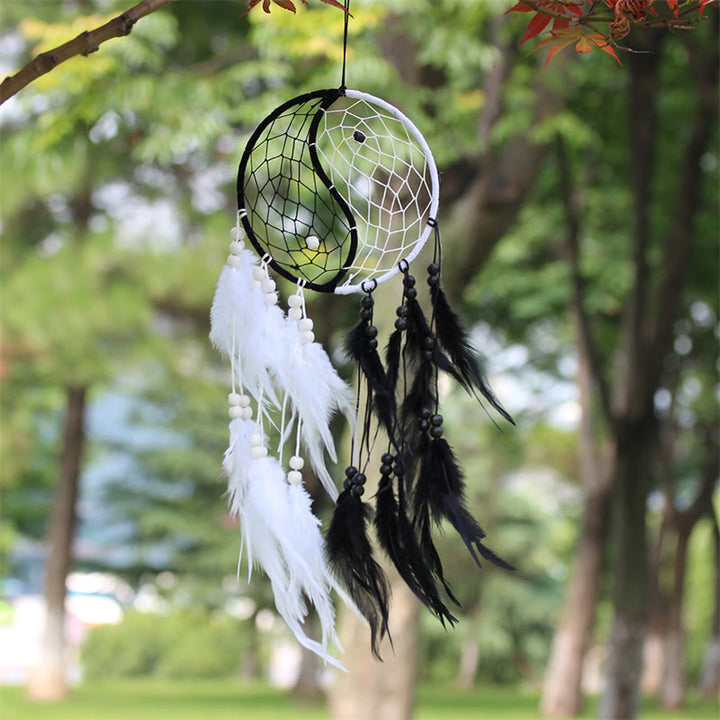 Acchiappasogni Yin Yang Rete circolare con piume Decorazione di equilibrio - image 1