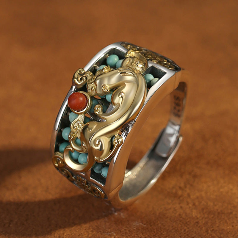 Anello di protezione PiXiu Abacus in argento sterling 925 Buddha Stones e agata rossa turchese - image 5