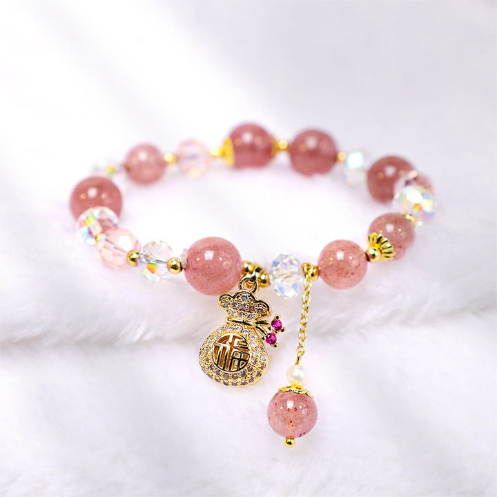 Braccialetto positivo con ciondolo a forma di sacchetto di denaro in cristallo di quarzo fragola naturale Buddha Stones