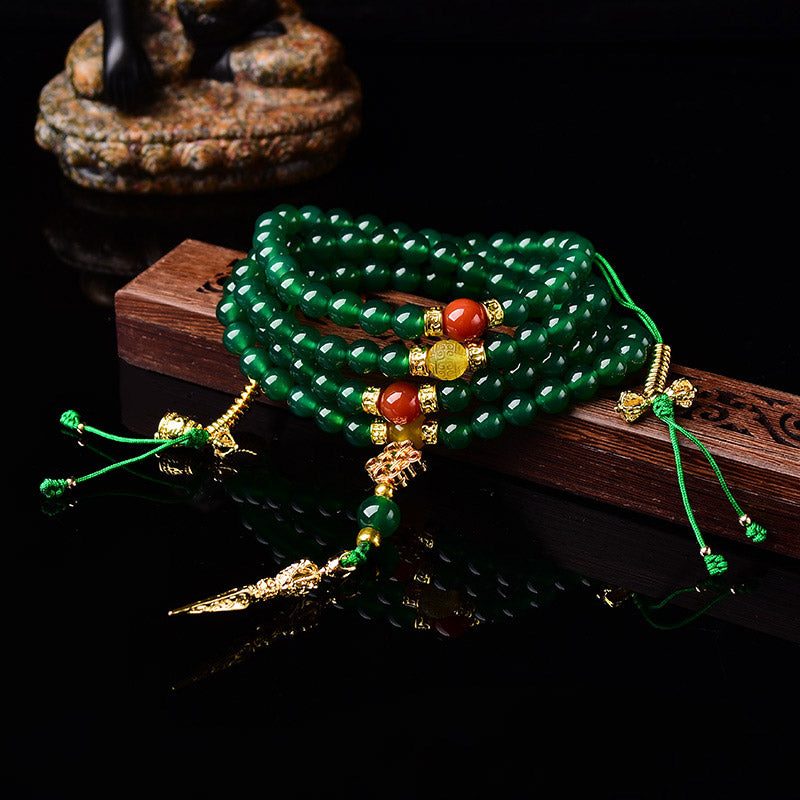 Buddha Stones 108 Perle Agata Verde Naturale Braccialetto Mala