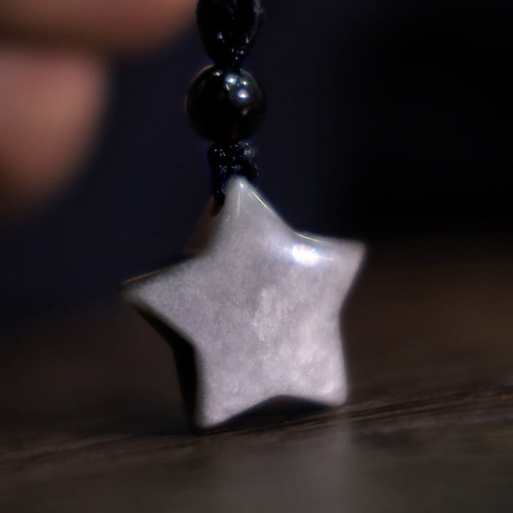 Collana con ciondolo a forma di mezzaluna stellata in ossidiana naturale Buddha Stones argento