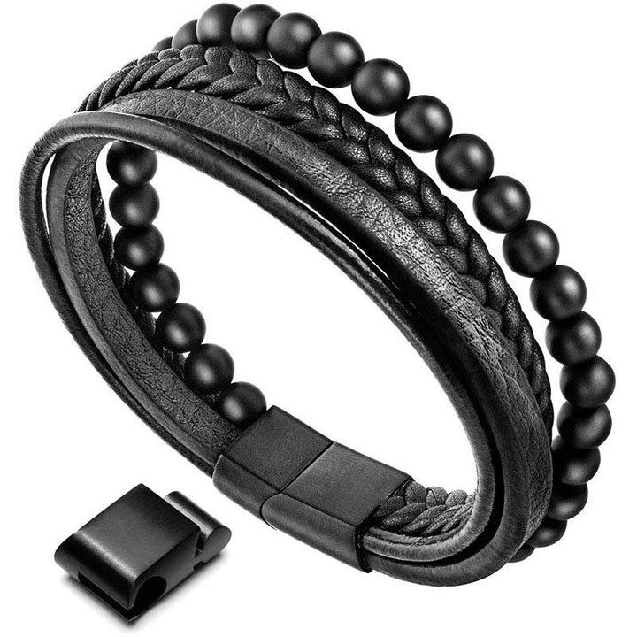 Bracciale in pelle con perline di onice nero e roccia lavica naturale Buddha Stones