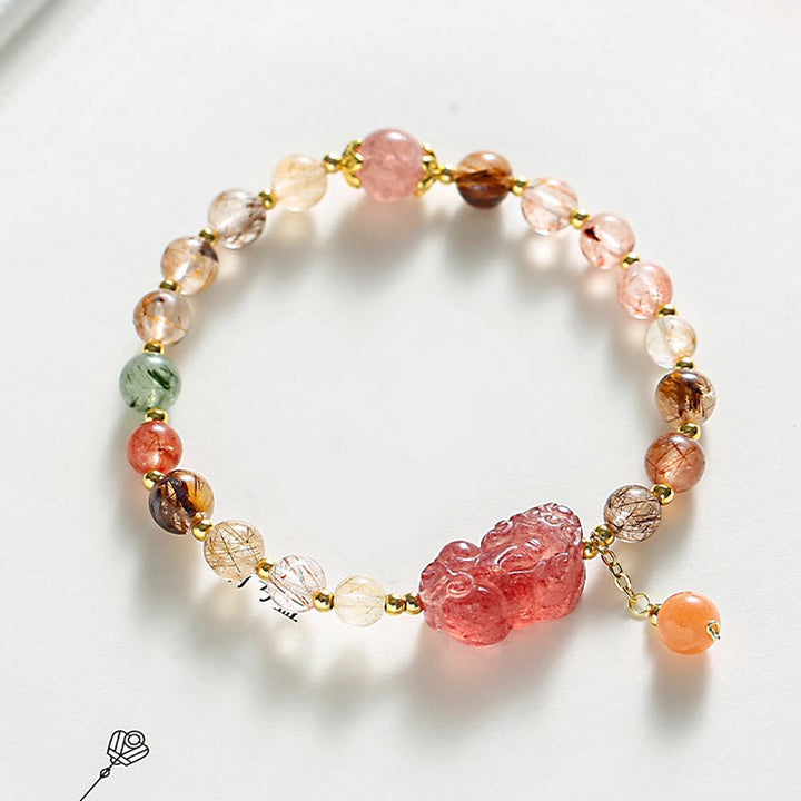 Braccialetto Buddha Stones Natural Rutilato Quarzo Fragola PiXiu Wealth