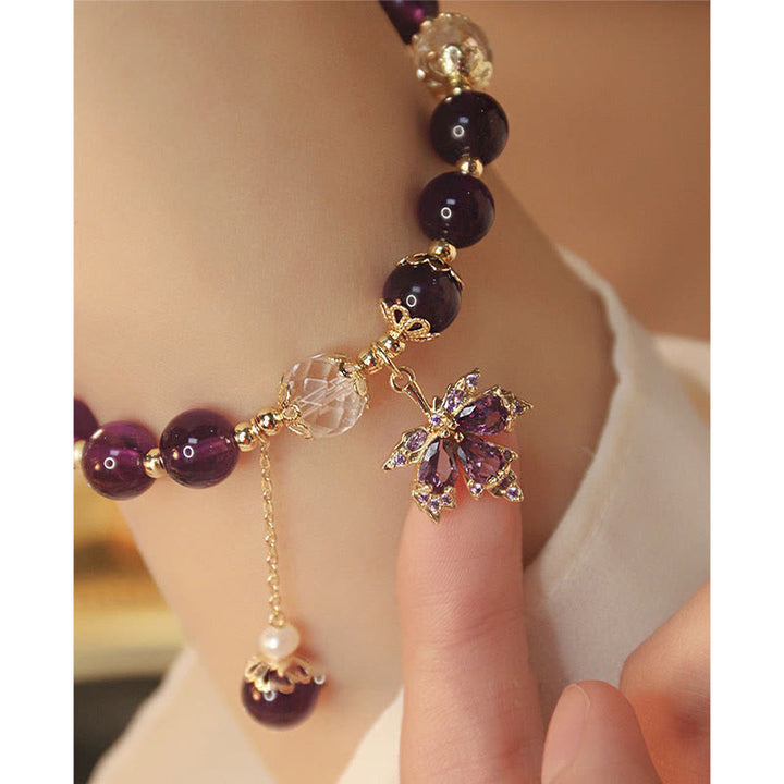 Bracciale con ciondolo a forma di foglia d'acero con ametista naturale placcato oro 14k Buddha Stones