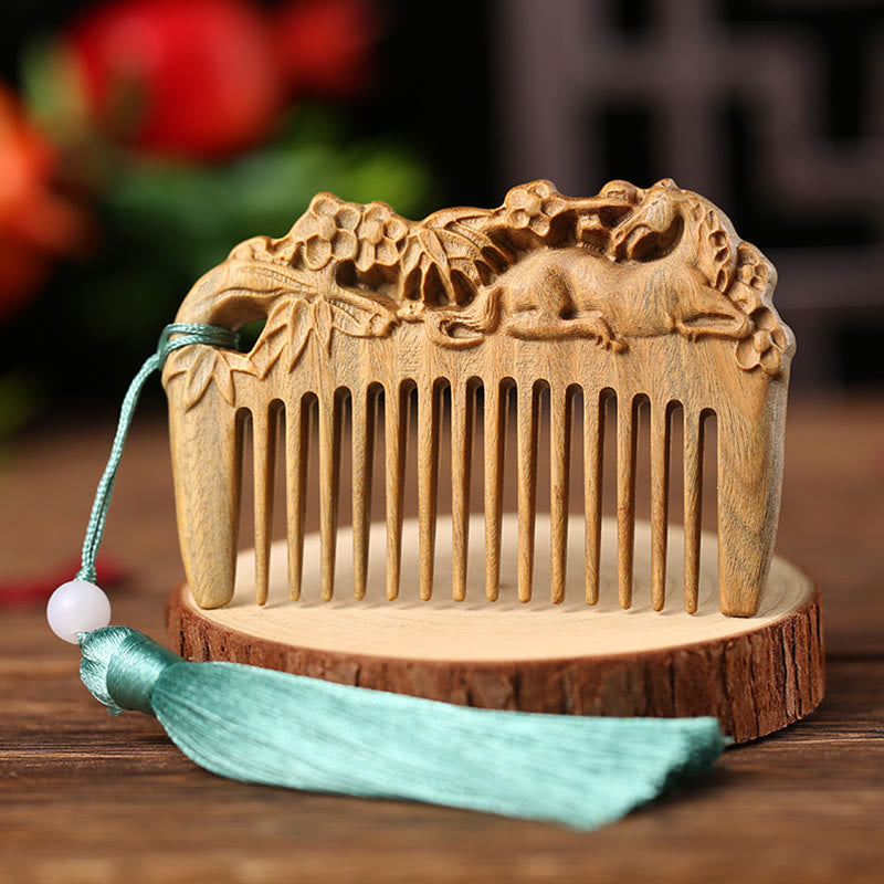 Pettine con nappa di cura inciso a forma di fiore di peonia volpe sandalo verde