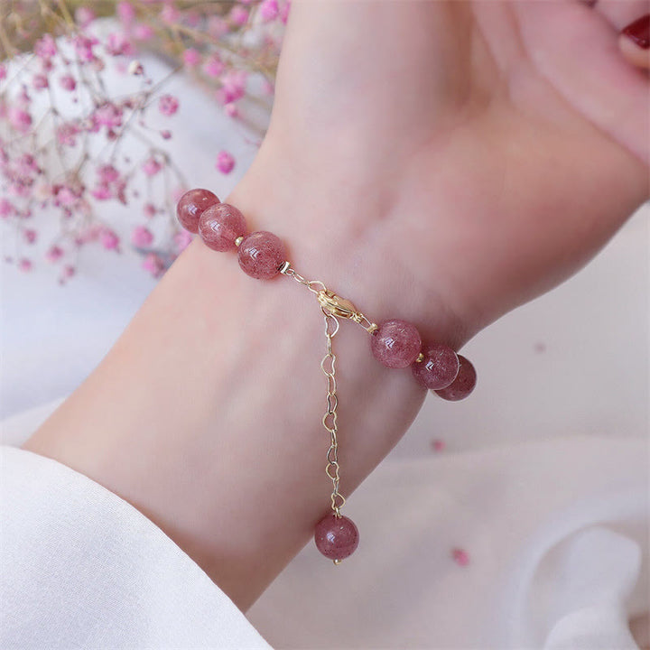 Braccialetto dell'amore con quadrifoglio a quattro foglie di perle di quarzo fragola naturale Buddha Stones