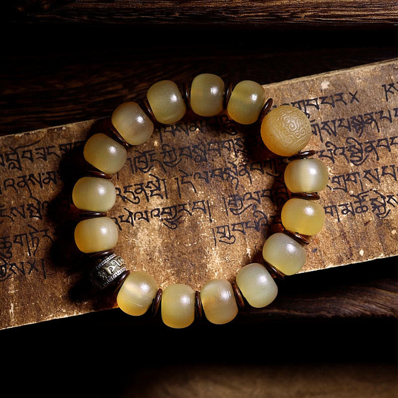Braccialetto di auspicio Om Mani Padme Hum in corno di pecora tibetano fatto a mano con Buddha Stones