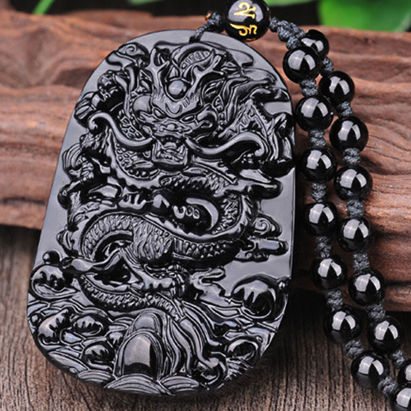 Buddha Stones Collana con ciondolo a forma di drago in pietra di ossidiana nera - image 8