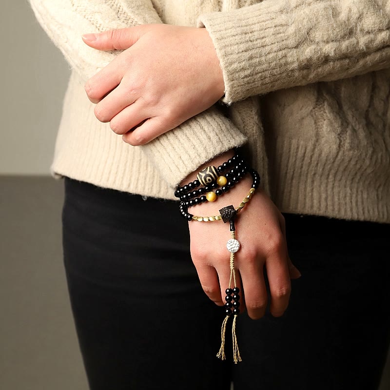 Buddha Stones Tibetano 108 Mala Beads Onice Nero Tre Occhi Dzi Beads Bracciale di Protezione - image 12