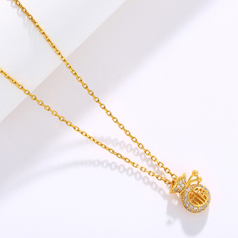 Collana con ciondolo a forma di sacchetto di soldi della fortuna del personaggio Fu placcato in oro 24K