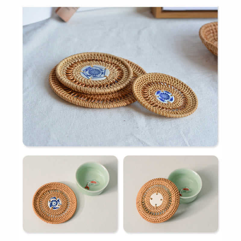 Sottobicchiere per tazza da tè in rattan con motivo floreale in ceramica - image 5