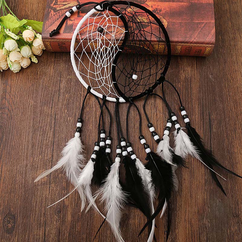 Acchiappasogni Yin Yang Rete circolare con piume Decorazione di equilibrio - image 16