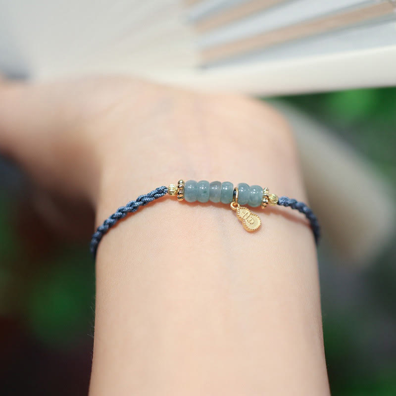 Braccialetto intrecciato con carattere Fu in argento sterling 925, giada naturale, quarzo rutilato e zucca, con fortuna