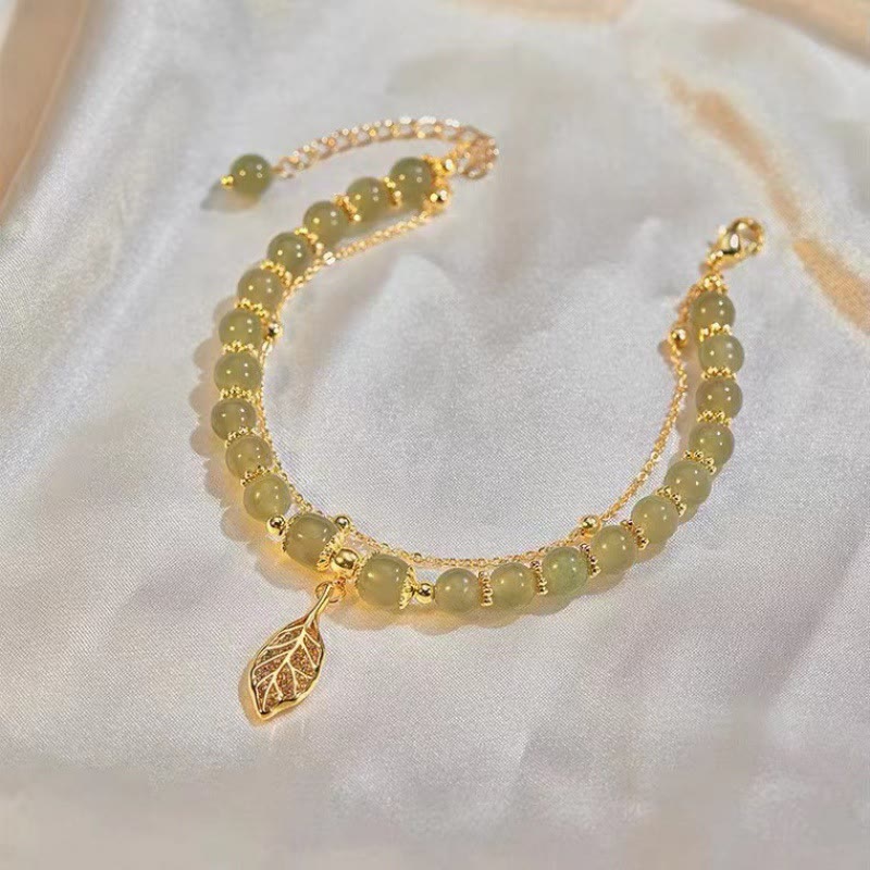 Braccialetto di perline con carattere Fu , Buddha Stones di giada, foglia di ginkgo, tulipano, arachidi e fortuna - image 2