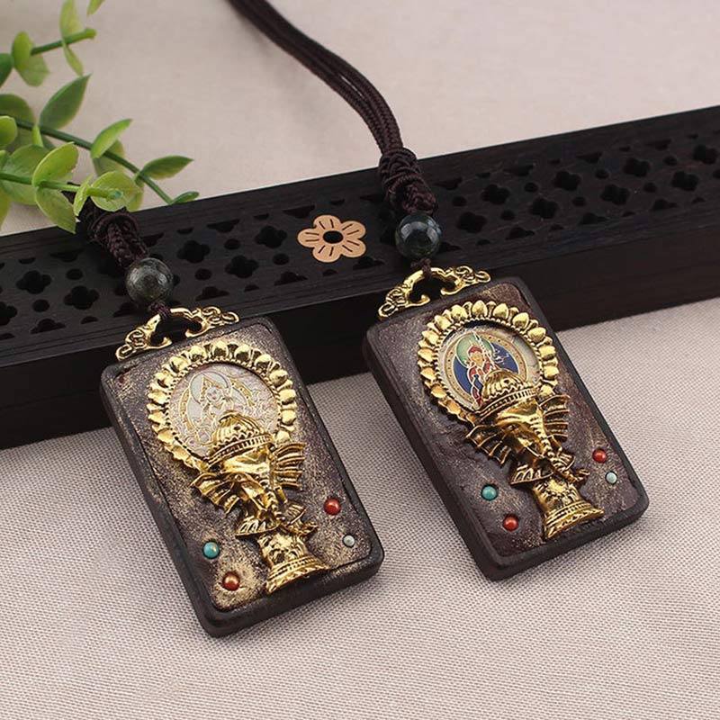 Collana con ciondolo a forma di corda con elefante in legno di ebano e dio della fortuna del Buddha - image 2