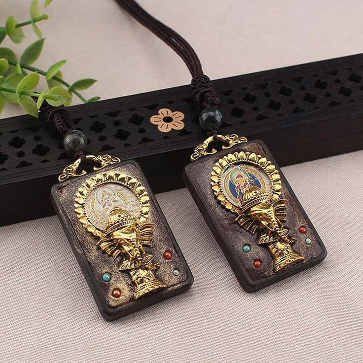 Collana con ciondolo a forma di corda con elefante in legno di ebano e dio della fortuna del Buddha - image 2