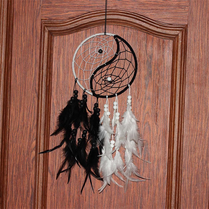 Acchiappasogni Yin Yang Rete circolare con piume Decorazione di equilibrio - image 8