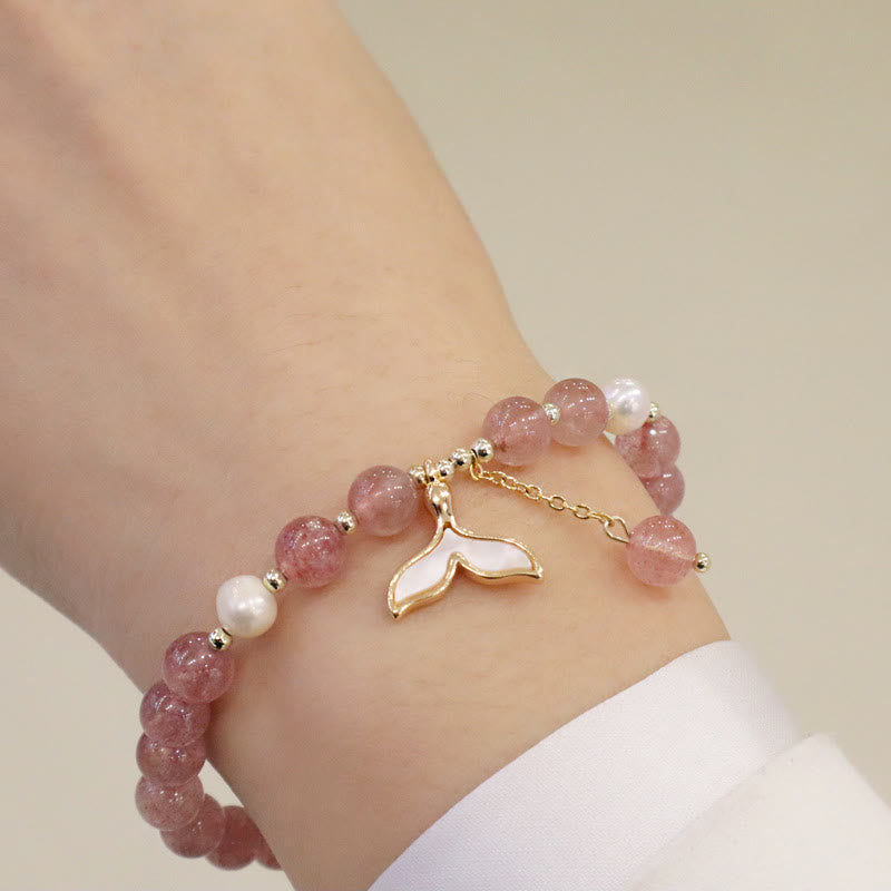 Braccialetto di guarigione con ciondolo a forma di carattere Fu, con ciondolo a forma di coda di pesce , con perle di quarzo fragola e alce sorridente