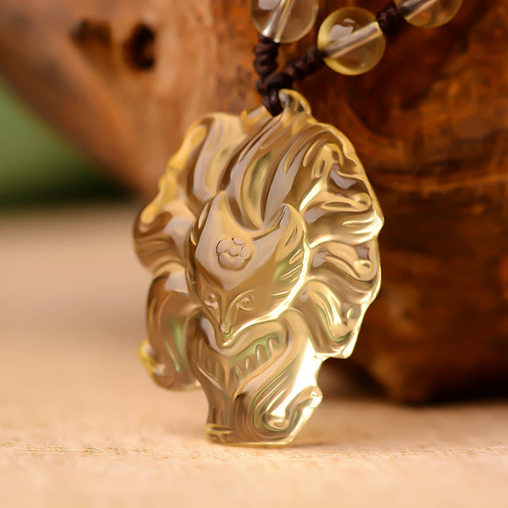 Collana con ciondolo portafortuna a forma di volpe a nove code, in cristallo bianco, ametista naturale, citrino e Buddha Stones