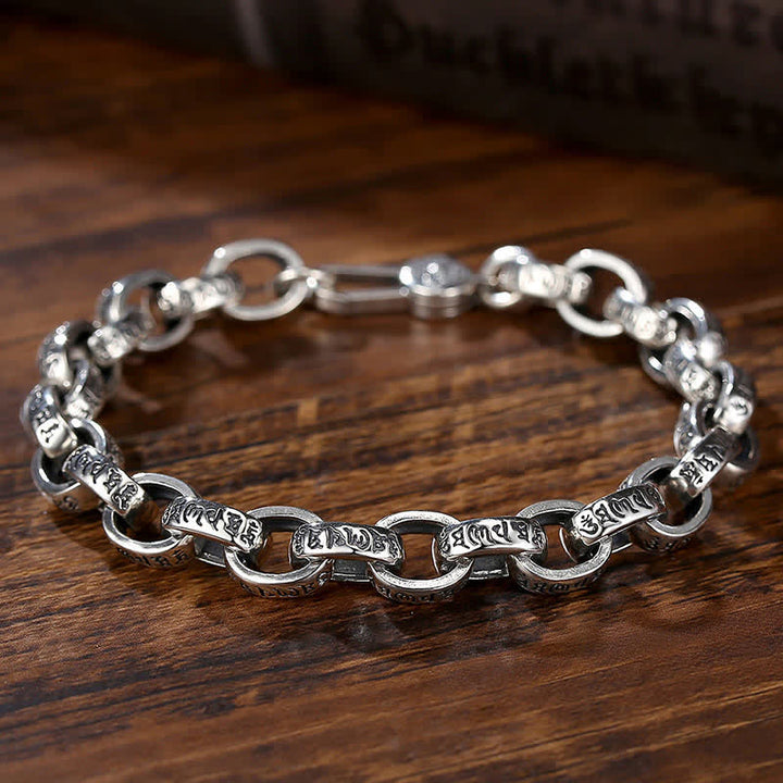 Braccialetto con scritta "Buddha Stones" in argento sterling 925 con incisione Om Mani Padme Hum e simbolo della pace