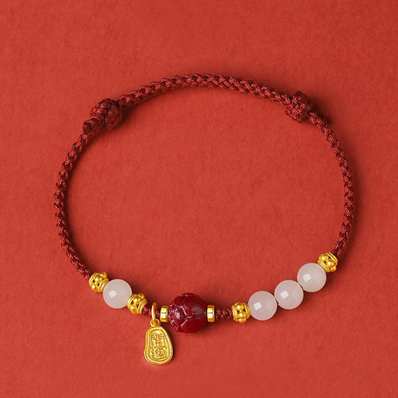 Bracciale Buddha Stones placcato oro 24K Hetian White Jade Cinnabar Lotus Luck Rope